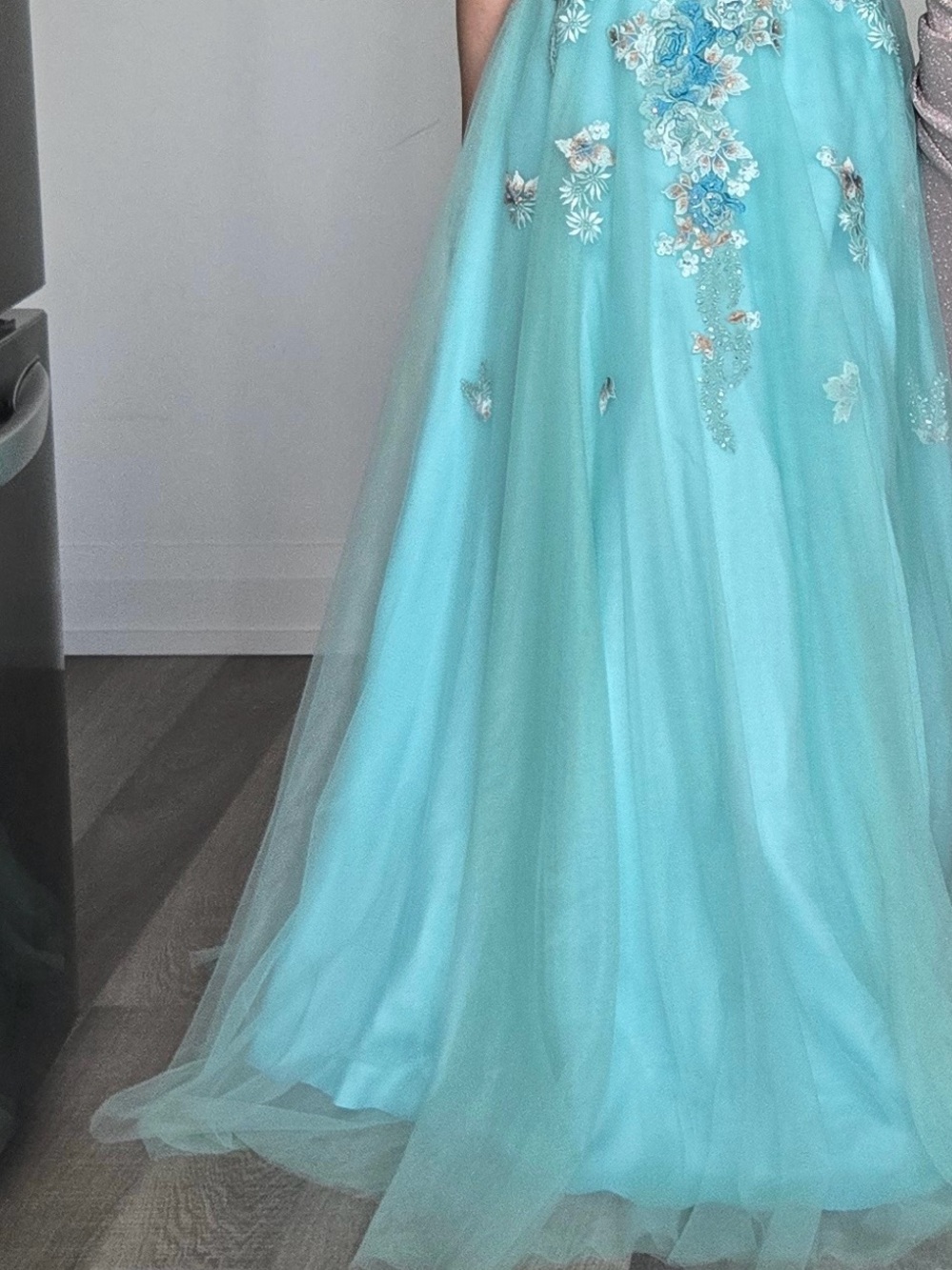 Aqua Embroidered Tulle Maxi Skirt
